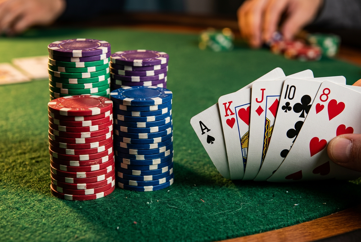 Detailní záběr na profesionální pokerové žetony a vějíř karet na zeleném plátně
