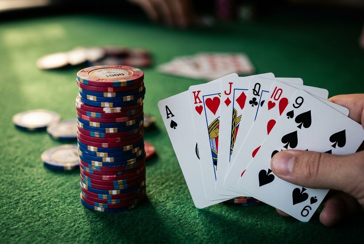 Detailní záběr na vějíř hracích karet a komínky barevných pokerových žetonů na zeleném plátně